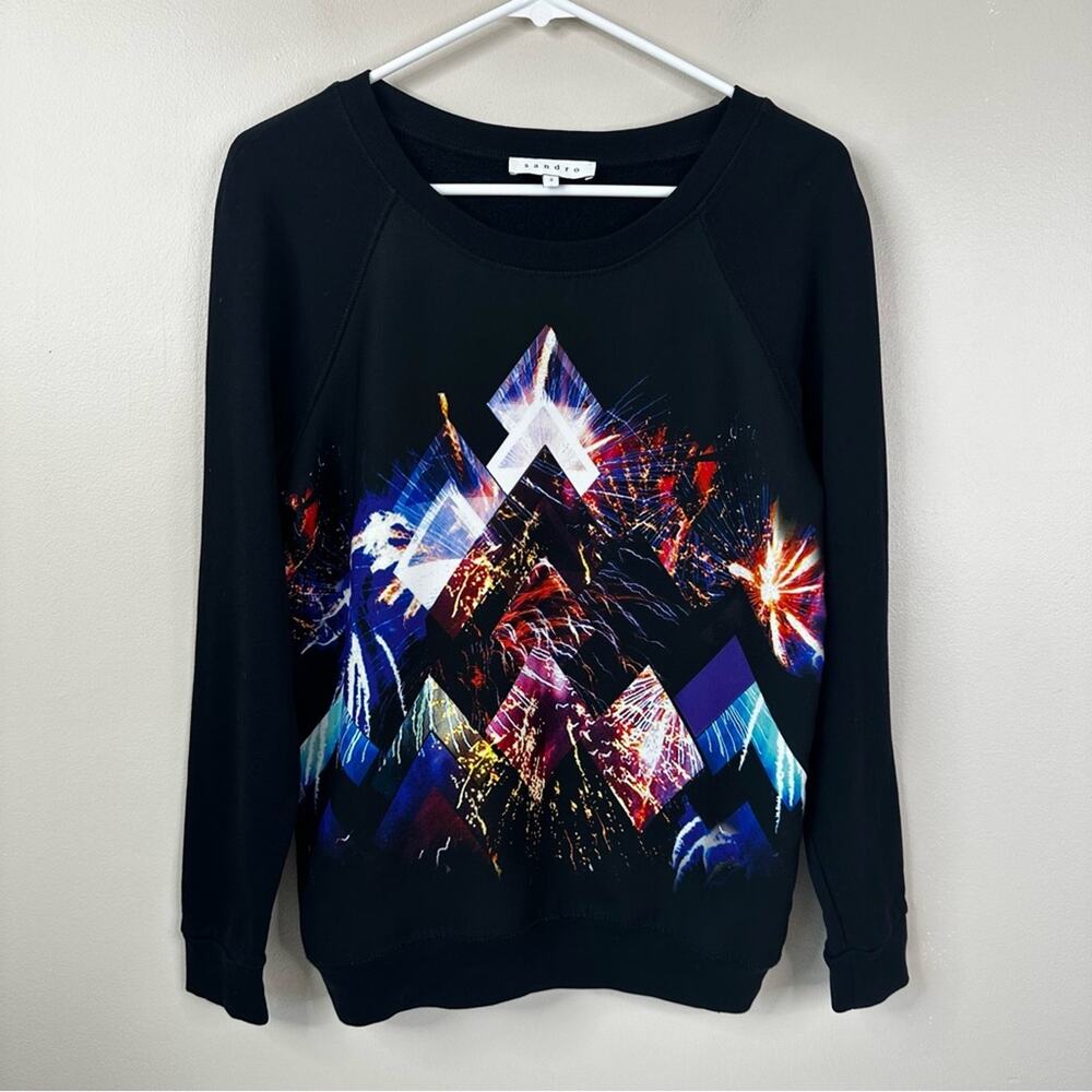 SANDRO Sweater Womens 2- Medium Black Geometric Graphic Cotton Crewneck Pullover